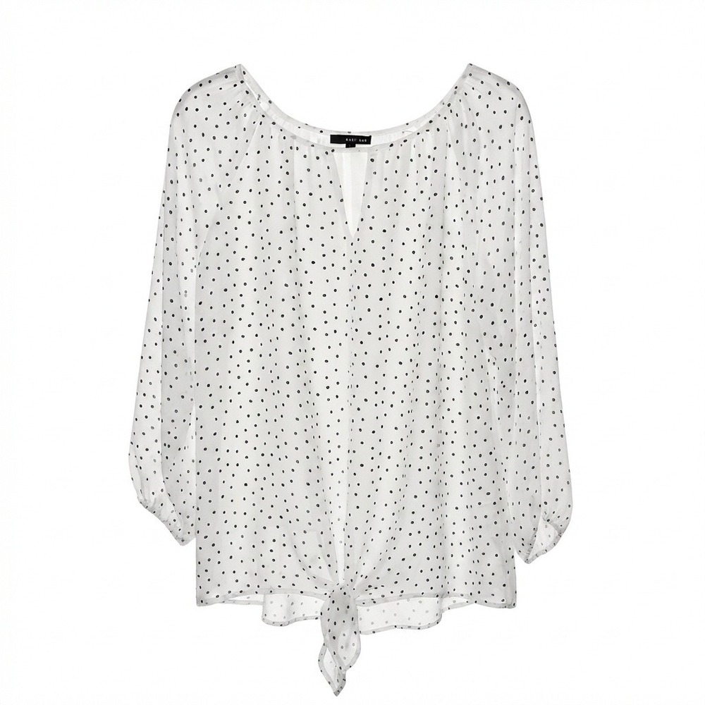 West Kei Office Spring XL White Sheer 3/4 Sleeve Tie Front Blouse